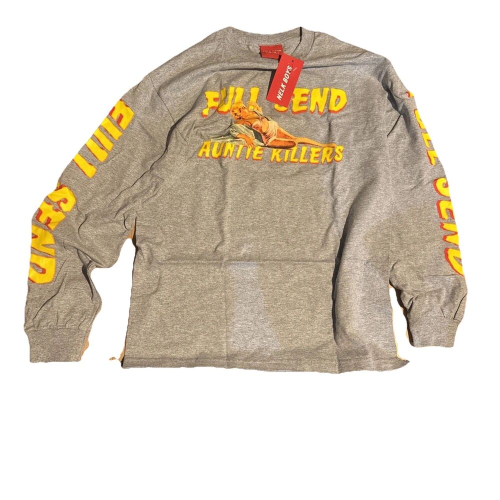 Men's NELK BOYS Full Send Auntie Killers Long Sleeve Tee Shirt Gray Medium NWT